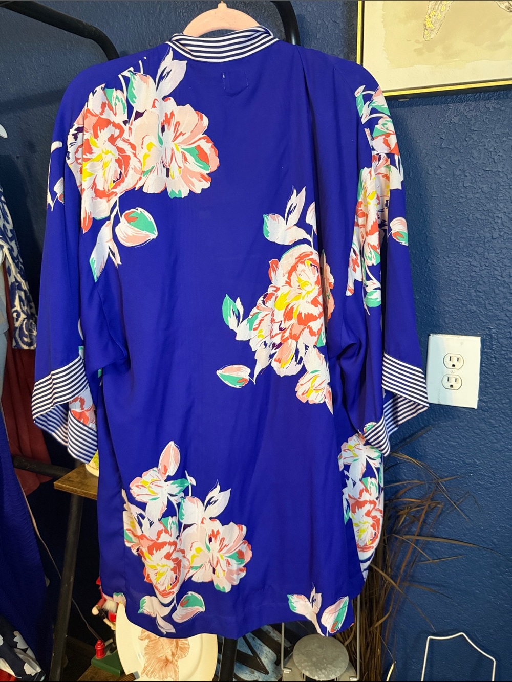 Floral Blue Kimono Jacket with Stripe Trim - Picture 3 of 3